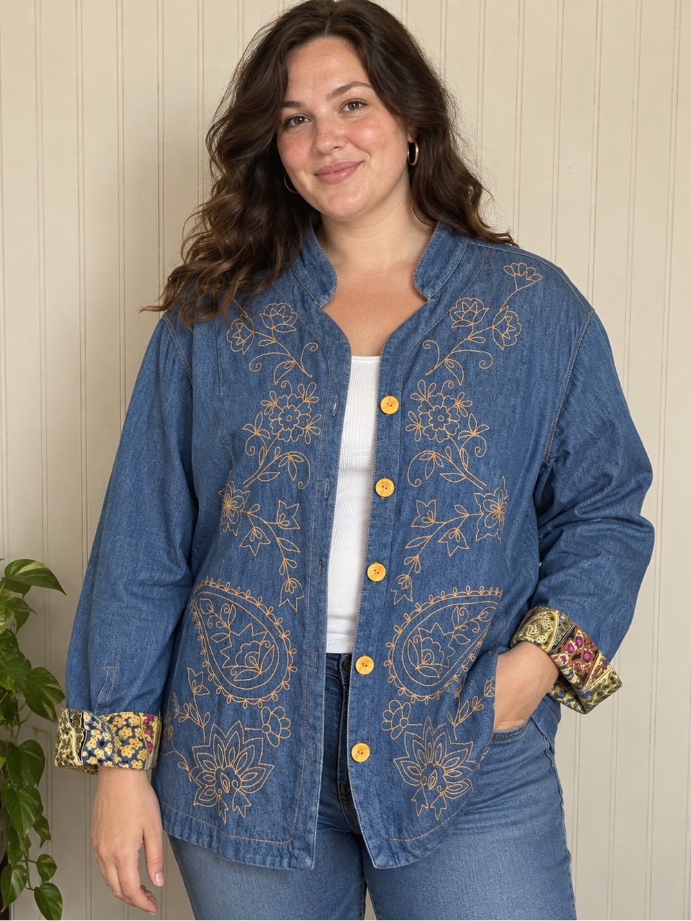 Ruby Rd Woman 1X Embroidered Denim Jacket Paisley Floral Boho 100% Cotton